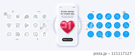 Phone mockup with 3d heart icon. Food time, Targeting and Like line icons. Pack of Medical analyzes, Confirmed, Grill icon. Heart, No puzzle, Organic waste pictogram. Vector 121117127