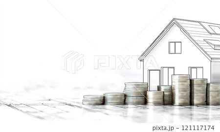 Silver coins stacking up with architectural house drawing behind 121117174