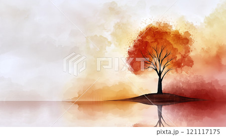 Lonely red tree reflecting on tranquil lake at sunset watercolor illustration 121117175