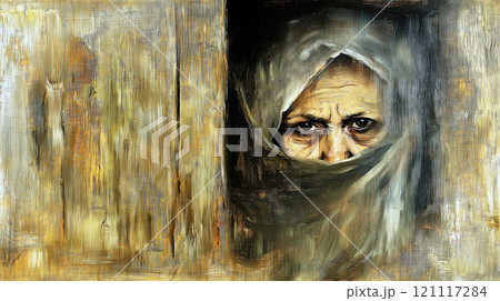 Senior woman with headscarf peeking through wooden door 121117284
