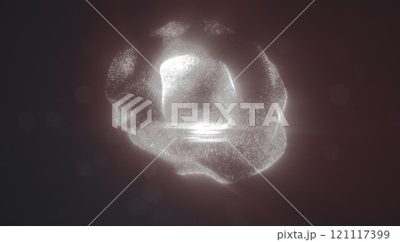 Silvery white particles form an ethereal sphere shape in a dark environment, with a bright, reflective glow in the center background Silvery white particles form an ethereal sphere shape in a dark environment, with a bright, reflective glow in the center background 121117399
