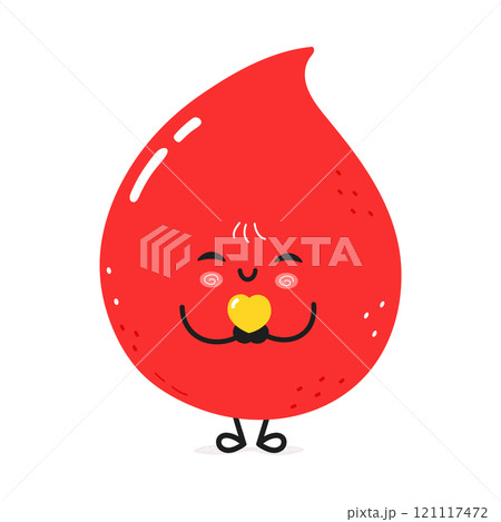 Cute smiling Blood drop character holding a heart in hands. Vector hand drawn cartoon kawaii character illustration icon. Isolated on white background Blood drop in love character concept 121117472