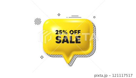 3d speech bubble icon. Sale 25 percent off discount. Promotion price offer sign. Retail badge symbol. Sale chat talk message. Speech bubble banner. Yellow text balloon. Vector 121117517