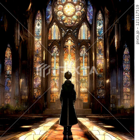 【イラスト素材】礼拝日/キリスト教/祈り/ミサ/教会/少年/男の子/悩み/告白/受難/救い/救済 121117519