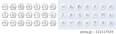 Clothing, Add handbag and Furniture line icons. White pin 3d buttons, chat bubbles icons. Pack of Wallet, Love glasses, Sale bags icon. Shopping trolley, Baggage size, Discount tags pictogram. Vector 121117524