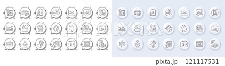 Dollar wallet, Kpi and Vacancy line icons. White pin 3d buttons, chat bubbles icons. Pack of Bid offer, Wallet, Finance calculator icon. Infochart, Fraud, Analytical chat pictogram. Vector Dollar wallet, Kpi and Vacancy line icons. White pin 3d buttons, chat bubbles icons. Pack of Bid offer, Wallet, Finance calculator icon. Infochart, Fraud, Analytical chat pictogram. Vector 121117531