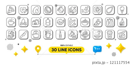 Mint bag, Coffee and Seafood line icons pack. 3d design elements. Coconut, Croissant, Chat bubble web icon. Water splash, Burger, Coffee cup pictogram. Whiskey glass, Pasta, Knife. Vector Mint bag, Coffee and Seafood line icons pack. 3d design elements. Coconut, Croissant, Chat bubble web icon. Water splash, Burger, Coffee cup pictogram. Whiskey glass, Pasta, Knife. Vector 121117554