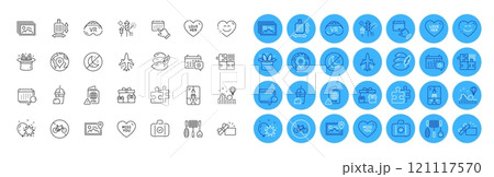 Travel calendar, Image gallery and Surprise boxes line icons pack. Pin, Hat-trick, Fireworks rocket web icon. Puzzle, Miss you, Photo location pictogram. Love her, Bicycle prohibited. Vector Travel calendar, Image gallery and Surprise boxes line icons pack. Pin, Hat-trick, Fireworks rocket web icon. Puzzle, Miss you, Photo location pictogram. Love her, Bicycle prohibited. Vector 121117570