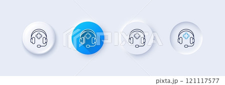 Medical support line icon. Neumorphic, Blue gradient, 3d pin buttons. Emergency call sign. Medicine headset symbol. Line icons. Neumorphic buttons with outline signs. Vector 121117577