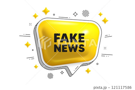Fake news tag. Chat speech bubble 3d icon. Media newspaper sign. Daily information symbol. Fake news chat message. Speech bubble banner with stripes. Yellow text balloon. Vector 121117586