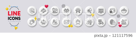 Pasta, Search employee and Hand line icons. White buttons 3d icons. Pack of Brain working, Food delivery, Lock icon. Passenger, Teamwork, Delivery report pictogram. Vector 121117596