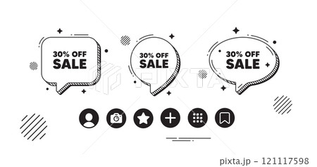 Sale 30 percent off discount. Speech bubble offer icons. Promotion price offer sign. Retail badge symbol. Sale chat text box. Social media icons. Speech bubble text balloon. Vector 121117598