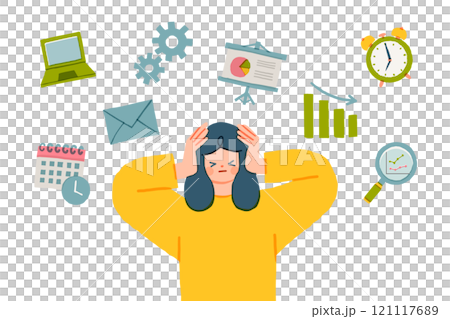 Illustration of a woman holding her head because of work Illustration of a woman holding her head because of work 121117689