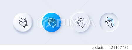 Clapping hands line icon. Neumorphic, Blue gradient, 3d pin buttons. Clap sign. Victory gesture symbol. Line icons. Neumorphic buttons with outline signs. Vector Clapping hands line icon. Neumorphic, Blue gradient, 3d pin buttons. Clap sign. Victory gesture symbol. Line icons. Neumorphic buttons with outline signs. Vector 121117776