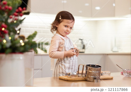 cute little child girl in apron baking cookies in the kitchen cute little child girl in apron baking cookies in the kitchen 121117866