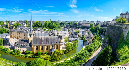 Stunning panoramic view of the historic old town of Luxembourg City, Luxembourg in Summer 121117920