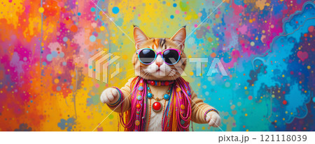 Cat wearing colorful clothes and sunglasses dancing banner copy space 121118039
