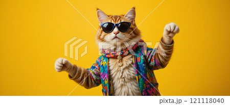 Cat wearing colorful clothes and sunglasses dancing banner copy space 121118040