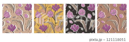 Vintage seamless patterns set with purple tulip flowers 121118051