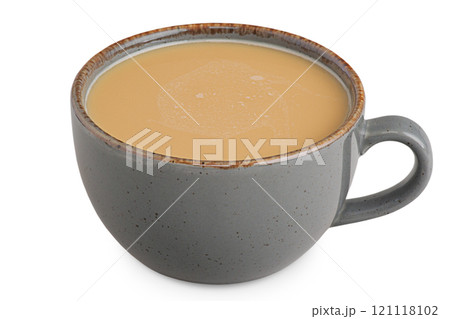 Coffee with milk in a gray cup isolated on white. 121118102