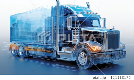 Detailed illustration of heavy-duty truck with trailer 121118176