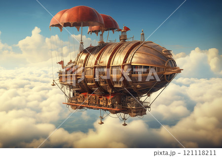 Steampunk airship gliding through clouds 121118211