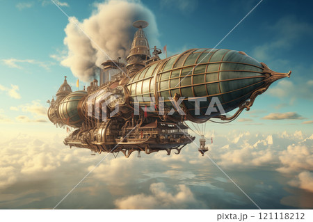 Steampunk airship gliding through clouds Steampunk airship gliding through clouds 121118212