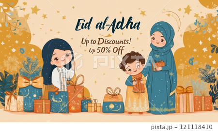 Cheerful family celebrating Eid al-Adha, surrounded by beautifully wrapped gifts and festive decorations, showcasing the spirit of togetherness. Cheerful family celebrating Eid al-Adha, surrounded by beautifully wrapped gifts and festive decorations, showcasing the spirit of togetherness. 121118410