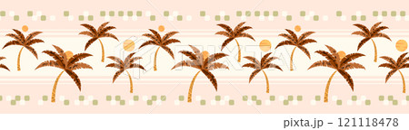 Summer holiday concept design with palm tree and sun with geometric elements border seamless pattern print design Summer holiday concept design with palm tree and sun with geometric elements border seamless pattern print design 121118478