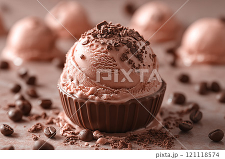 Close-up Ice cream ball on melting ice cream texture background in mocha mousse colors. 121118574