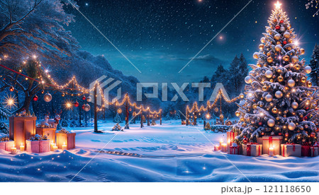 クリスマスツリーのイルミネーション背景 121118650