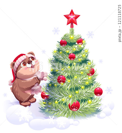 Brown bear in santa hat and christmas tree with decorations Brown bear in santa hat and christmas tree with decorations 121118725