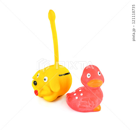 Pet toys (rubber dog and duck) isolated on white. 121118735