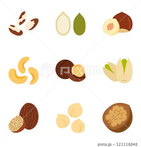 Nuts and Seeds icon set. Pictogram isolated on a white background. Nuts and Seeds icon set. Pictogram isolated on a white background. 121118848