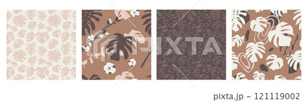 Boho seamless patterns set with monstera leaves and abstract shapes 121119002