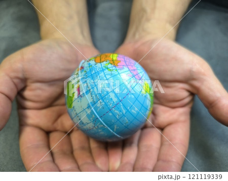 Hands holding the globe. The concept of human concern for the well-being of the planet. Hands holding the globe. The concept of human concern for the well-being of the planet. 121119339