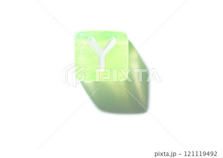 Minimalist green transparent cube with letter y casting a long shadow on white 121119492