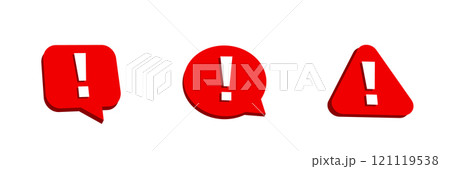 Red symbols with exclamation marks in speech balloon, circle, and triangle shapes 121119538