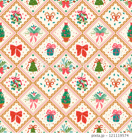 Christmas bows and ribbons patchwork seamless pattern with winter holiday elements. Cozy vector quilt, blanket Christmas bows and ribbons patchwork seamless pattern with winter holiday elements. Cozy vector quilt, blanket 121119574