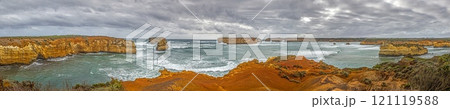 Dramatic coastal cliffs and ocean view near Great Ocean Road with cloudy skies 121119588