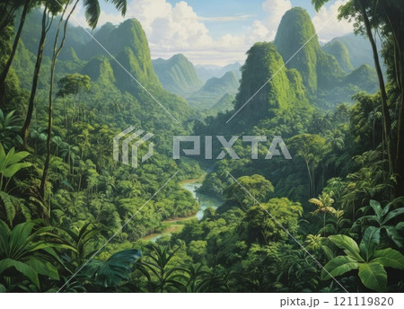 Painting of a lush, green jungle landscape. 121119820