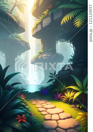 Tropical jungle. Imitation of painting. Stylized illustration. 121120057