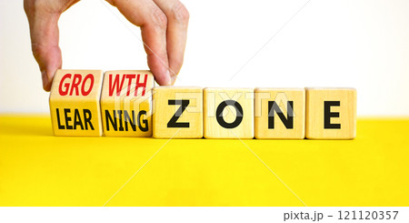 Learning or growth zone symbol. Concept words Learning zone Growth zone on wooden cubes. Beautiful yellow table white background. Psychologist hand. Business learning growth zone concept. Copy space. Learning or growth zone symbol. Concept words Learning zone Growth zone on wooden cubes. Beautiful yellow table white background. Psychologist hand. Business learning growth zone concept. Copy space. 121120357