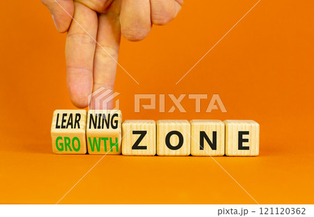 Learning or growth zone symbol. Concept words Learning zone Growth zone on wooden cubes. Beautiful orange table orange background. Psychologist hand. Business learning growth zone concept. Copy space. Learning or growth zone symbol. Concept words Learning zone Growth zone on wooden cubes. Beautiful orange table orange background. Psychologist hand. Business learning growth zone concept. Copy space. 121120362