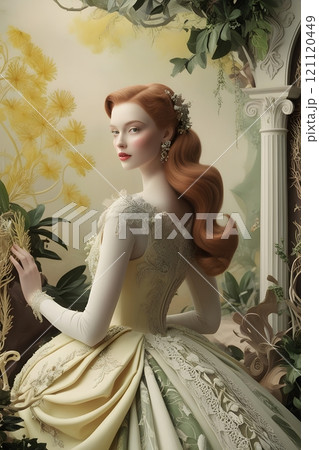 An elegant woman in a whimsical fantasy landscape 121120449