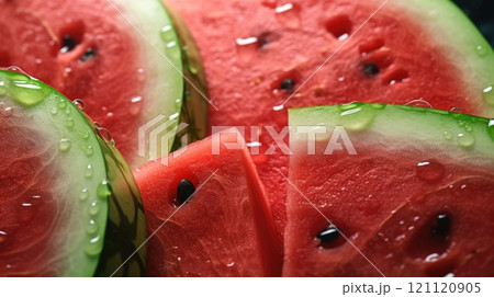 Fresh Sliced Watermelon Segments with Visible Seeds and Water Droplets 121120905