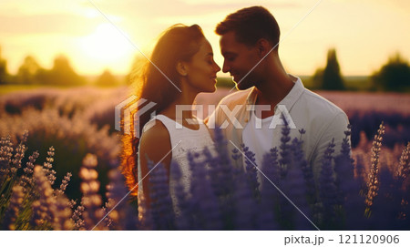 Young Interracial Couple Enjoying Sunshine in Summer Lavender Field copy space 121120906