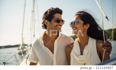 Smiling young indian american couple enjoying sailboat ride in summer 121120907