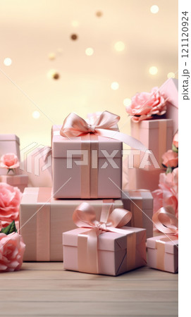 Gifts for March 8th, Mothers day, Pink Present boxes background, copy space 121120924