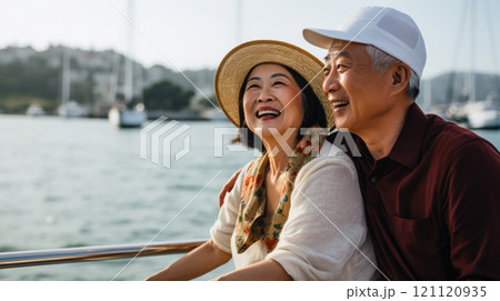 Smiling middle aged asian couple enjoying leisure sailboat ride in summer 121120935